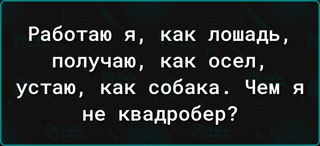 Работаю я как лошадь получаю как осел устаю как собака Чем я не квадробер