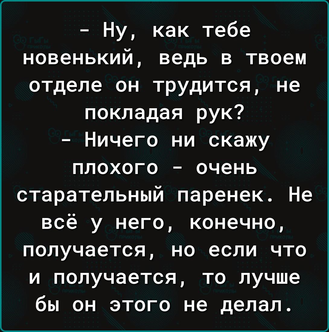 – Ну, как тебе новенький, ведь в твоем отделе он трудится, не покладая рук?  – Ничего ни скажу плохого – очень старательный паренек. Не всё у него, конечно, получается, но если что и получается, то лучше бы он этого не делал.
