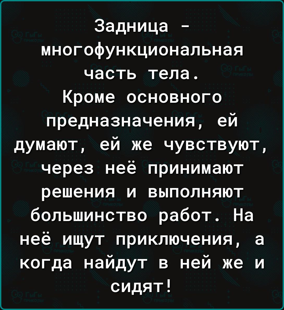 Задница – многофункциональная часть тела. Кроме основного предназначения, ей думают, ей же чувствуют, через неё принимают решения и выполняют большинство работ. На неё ищут приключения, а когда найдут в ней же и сидят!