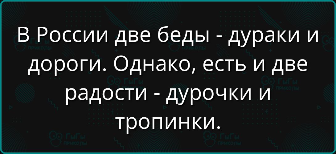 В России две беды - дураки и дороги. Однако, есть и две радости - дурочки и тропинки.