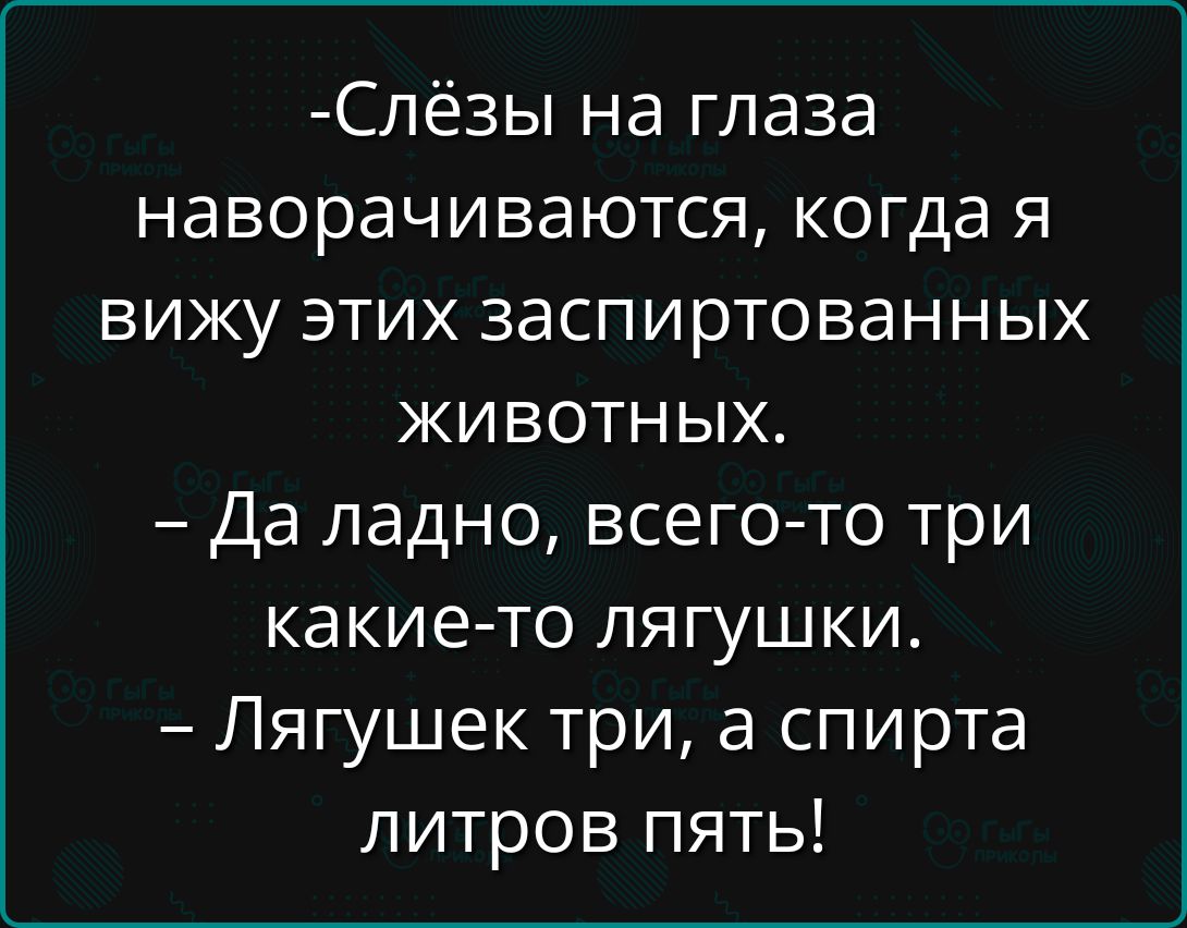 Слёзы на глаза наворачиваются, когда я вижу этих заспиртованных животных. – Да ладно, всего-то три какие-то лягушки. – Лягушек три, а спирта литров пять!