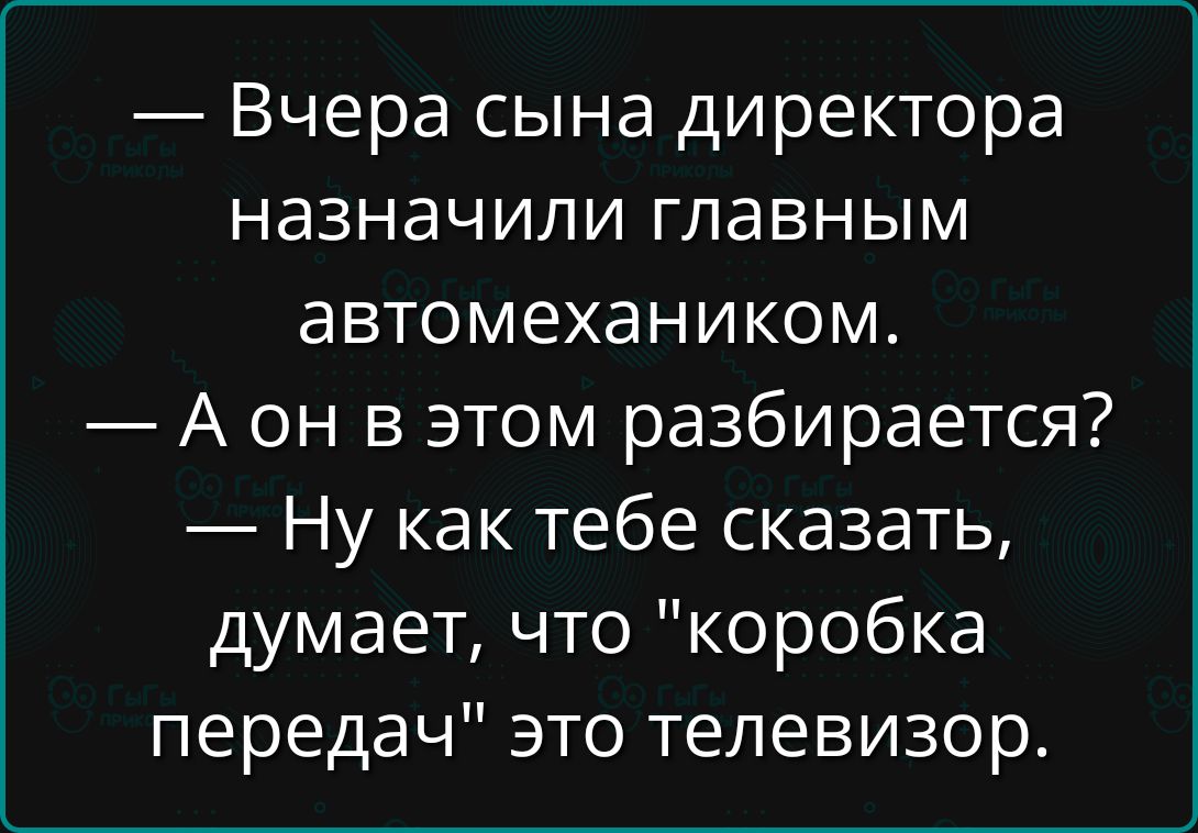 — Вчера сына директора назначили главным автомехаником.
— А он в этом разбирается?
— Ну как тебе сказать, думает, что 
