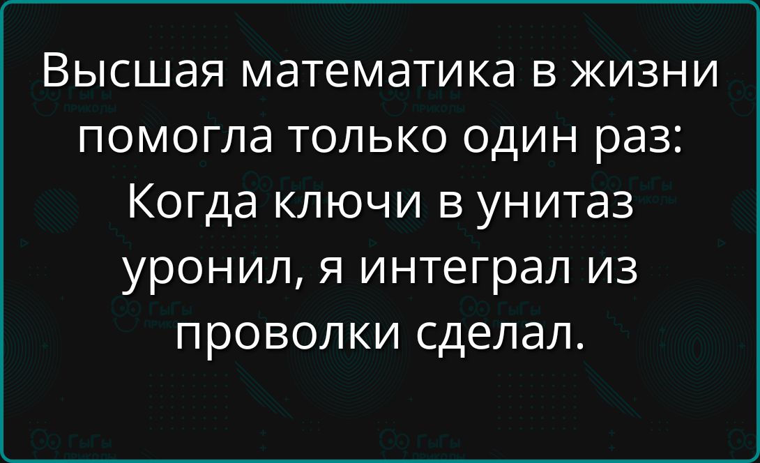 Высшая математика в жизни помогла только один раз: Когда ключи в унитаз уронил, я интеграл из проволоки сделал.