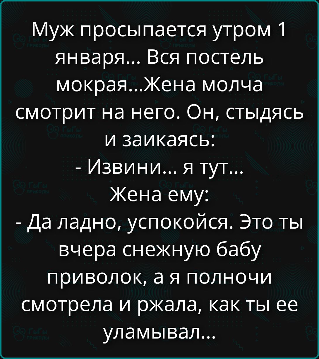 Муж просыпается утром 1 января... Вся постель мокрая... Жана молча смотрит на него. Он, стываясь и заикаясь: - Извините... я тут... Жена ему: - Да ладно, успокойся. Это ты вчера снежную бабу приволок, а я полночь смотрела и ржала, как ты её уломЫвал...