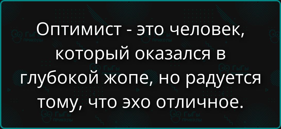 Оптимист - это человек, который оказался в глубокой жопе, но радуется тому, что эхo отличное.