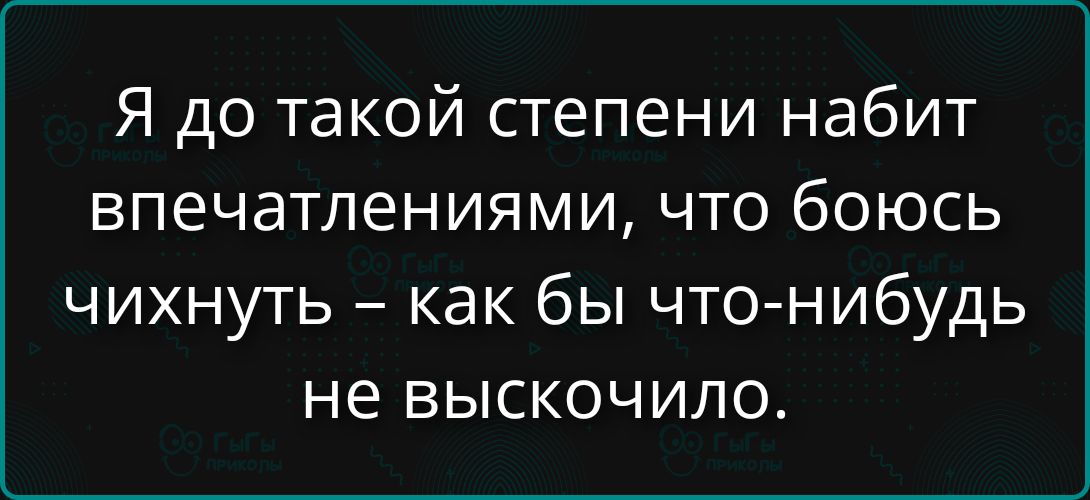Я до такой степени набит впечатлениями, что боюсь чихнуть - как бы что-нибудь не выскочило.