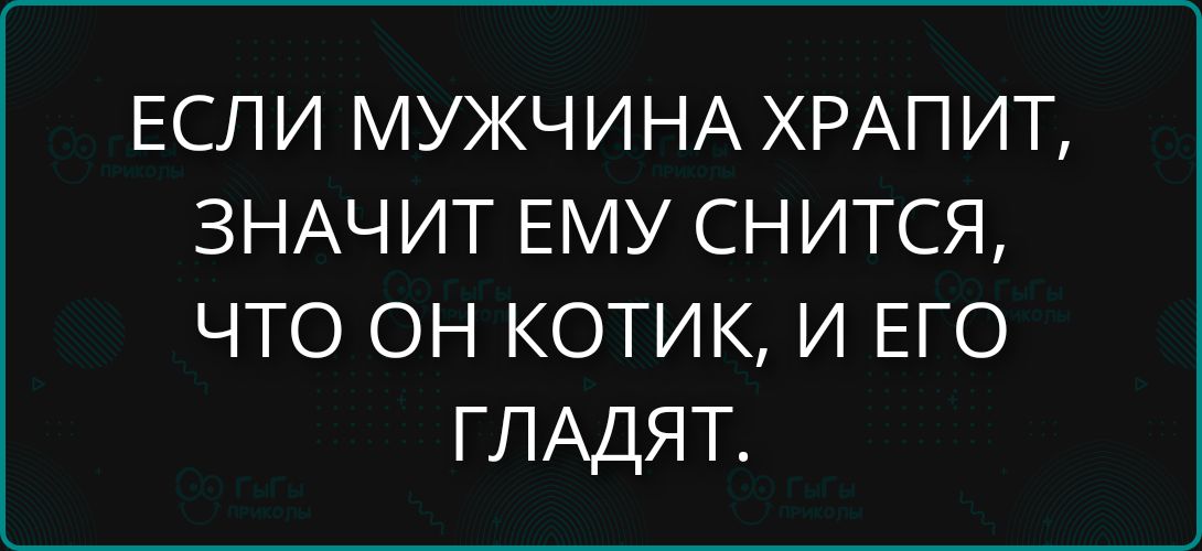 ЕСЛИ МУЖЧИНА ХРАПИТ, ЗНАЧИТ ЕМУ СНИТСЯ, ЧТО ОН КОТИК, И ЕГО ГЛАДЯТ.