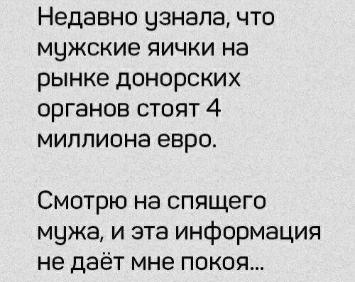 Недавно узнала что мужские яички на рынке донорских органов стоят 4 миллиона евро Смотрю на спящего мужа и эта информация не даёт мне покоя