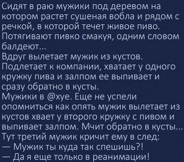 Сидят в раю мужики под деревом на котором растет сушеная вобла и рядом с речкой в которой течет живое пиво Потягивают пивко смакуя одним словом балдеют Вдруг вылетает мужик из кустов Подлетает к компании хватает у одного кружку пива и залпом ее выпивает и сразу обратно в кусты Мужики в хуе Еще не успели опомниться как опять мужик вылетает из кустов хвает у второго кружку с пивом и выпивает залпом 