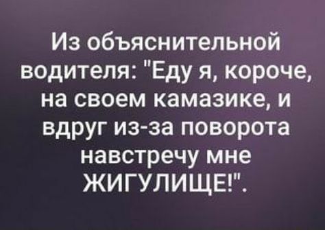 Из объяснительной водителя Еду я короче на своем камазике и вдруг из за поворота навстречу мне ЖИГУЛИЩЕ