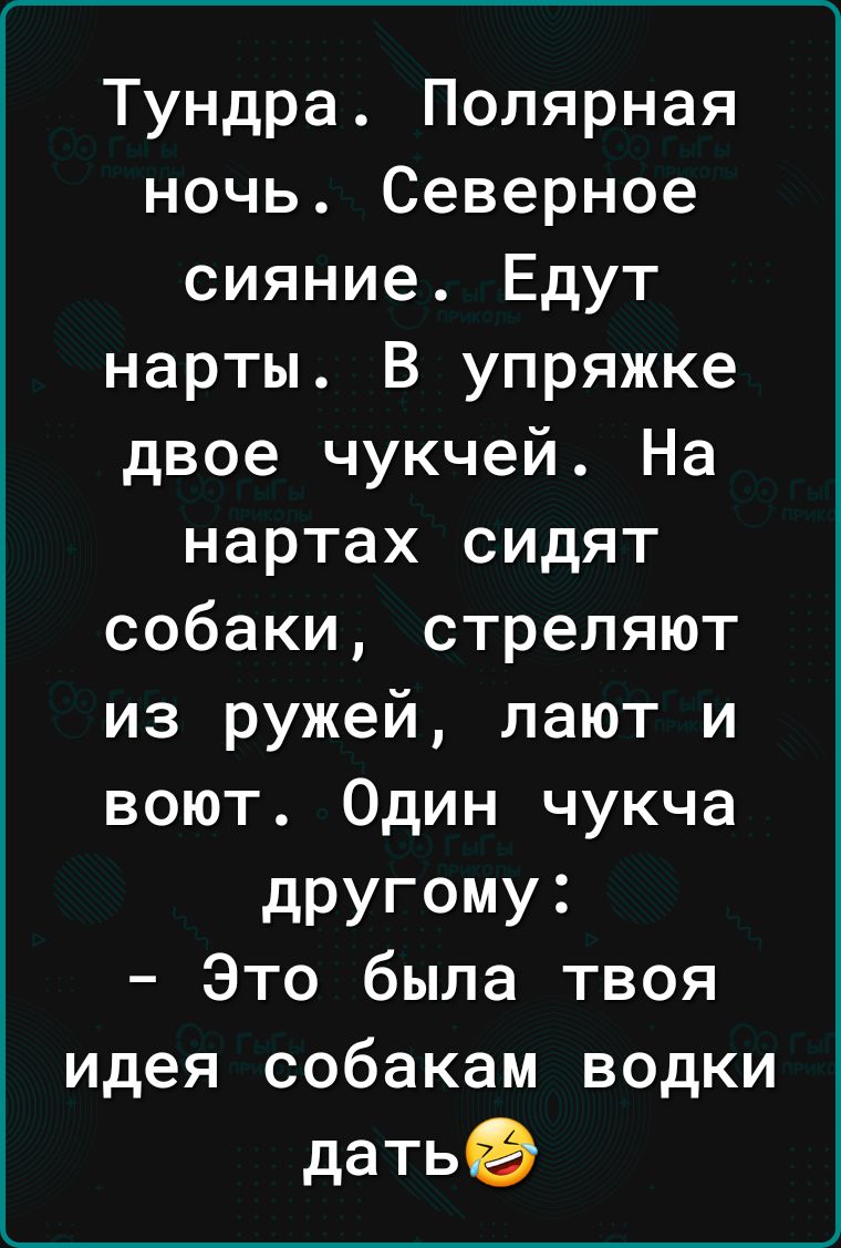 ______ Тундра Полярная ночь Северное сияние Едут нарты В упряжке двое чукчей На нартах сидят собаки стреляют из ружей лают и воют Один чукча дРУГОМУ Это была твоя идея собакам водки датье