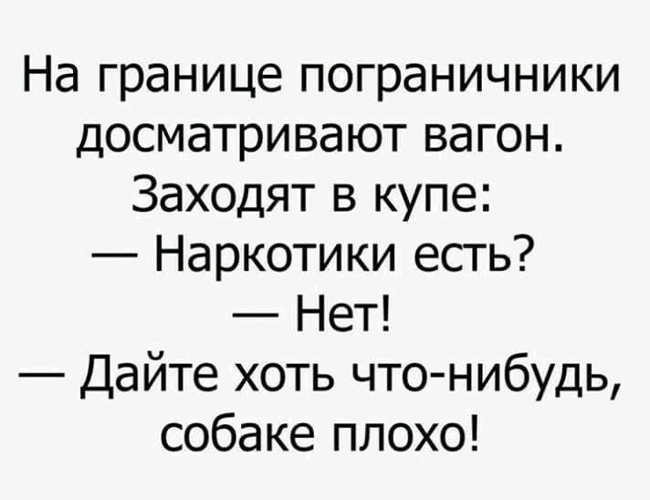 На границе пограничники досматривают вагон Заходят в купе Наркотики есть Нет Дайте хоть что нибудь собаке плохо