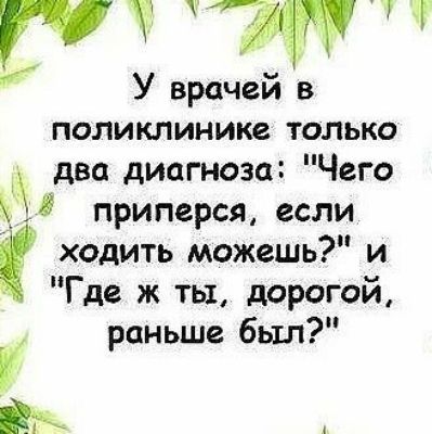 У врачей в поликлинике только два диагноза Чего приперся если ходить можешь и Где ж ты дорогой раньше был