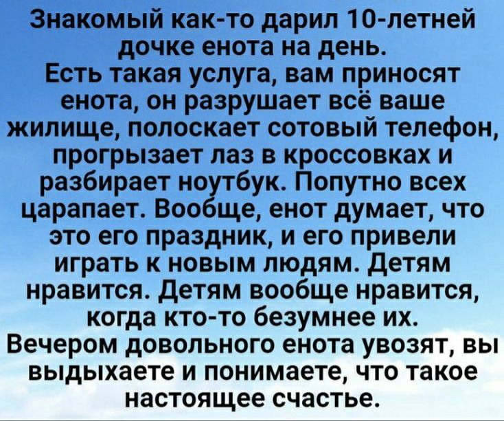 Знакомый как то дарил 10 летней дочке ЕНОТВ на день Есть такая услуга вам приносят енота он разрушает всё ваше жилище полоскает сотовый телефон прогрызает лаз в кроссовках и разбирает но бук Попутно всех царапает Воо ще енот думает что ЭТО его праздник И ЕГО привепи играть К НОВЫМ людям детям нравится детям вообще нравится когда КТО ТО безумнее ИХ Вечером довольного енота увозят вы выдыхаете и пон