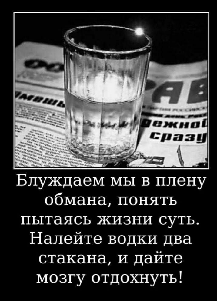 Блуждаем мы в плену обмана понять пытаясь жизни суть Налейте водки два стакана и дайте мозгу отдохнуть