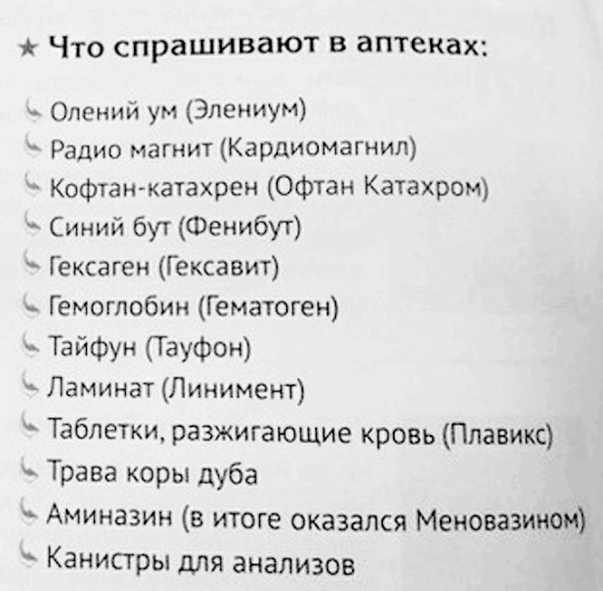Что спрашивают В аптеках ч Олеиий ум Эпениум Радио магнит Кардиомагнил Кофтаигкатахреи Офтан Катахром Синий бут Фенибут Геккаген Гексави Гемоглобин Гематоген Тайфун ТауФон Ламинат Линимент Таблетки разжигающие кровь Плавихл Трава коры дуба Аминазин в итоге оказался Меновазииом канистры для анализов