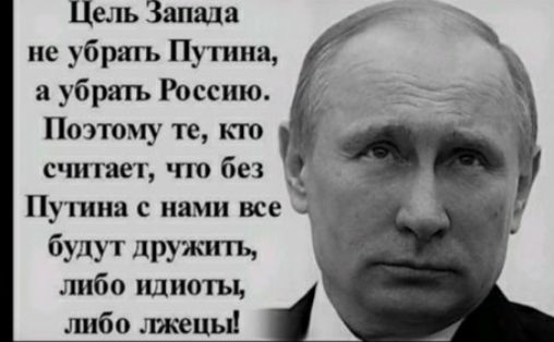 Цель Запада ис убрять Путина а убрать Россию Поэтому те кто считяет что без Путина С нами все будут дружить либо идиоты либо шкецы