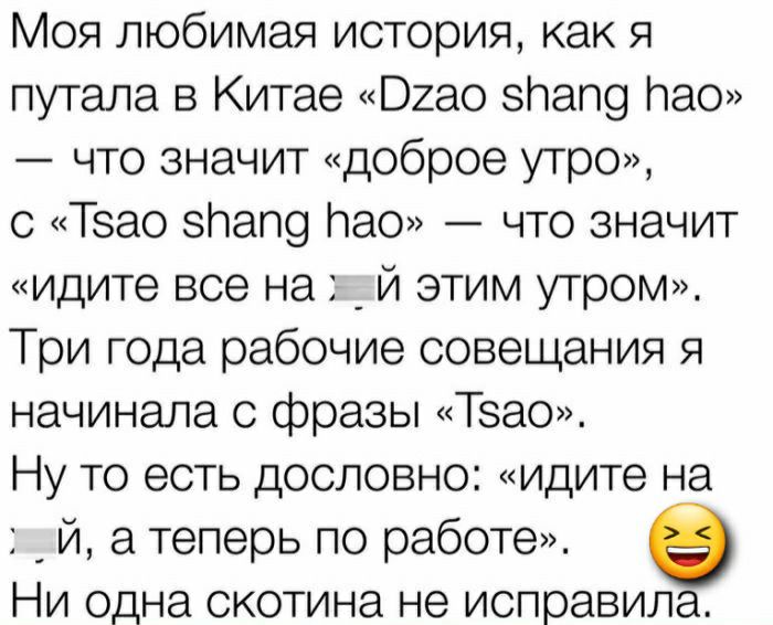 Моя любимая история как я путала в Китае Шао Пап9 Пао что значит доброе утро с Тэао Пап9 Пао что значит идите все на _ и этим утром Три года рабочие совещания я начинала с фразы Тзао Ну то есть дословно идите на _ й а теперь по работе Ни одна скотина не исправила