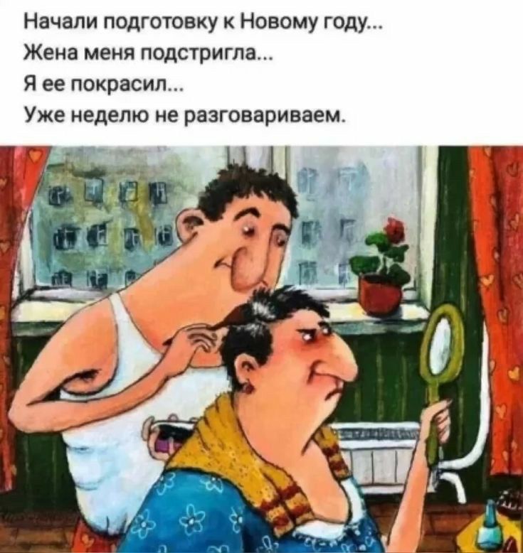 Начали подготовку Новому году Жена мени подстригла Я ее покрасил Уже неделю не разговариваем