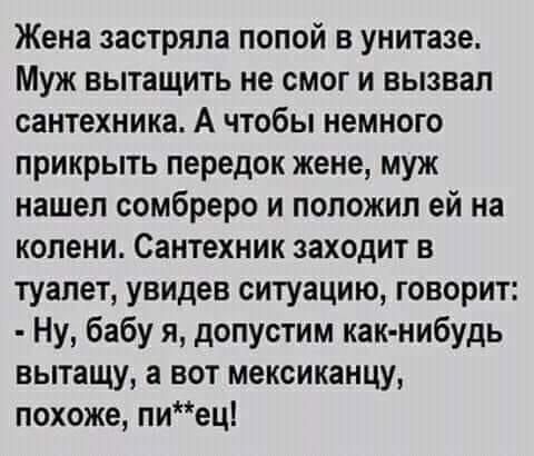 Жена застряла попой в унитазе Муж вытащить не смог и вызвал сантехника А чтобы немного прикрыть передок жене муж нашел сомбреро и положил ей на колени Сантехник заходит в туалет увидев ситуацию говорит Ну бабу я допустим как нибудь вытащу а вот мексиканцу похоже пиец