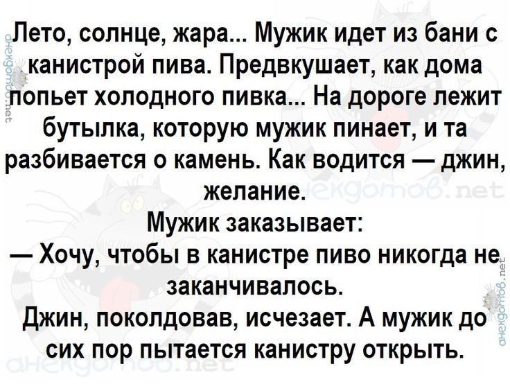 Лето солнце жара Мужик идет из бани канистрой пива Предвкушает как дома попьет холодного пивка На дороге лежит бутылка которую мужик пинает и та разбивается о камень Как водится джин желание Мужик заказывает Хочу чтобы в канистре пиво никогда не заканчивалось джин покопдовав исчезает А мужик до сих пор пытается канистру открыть