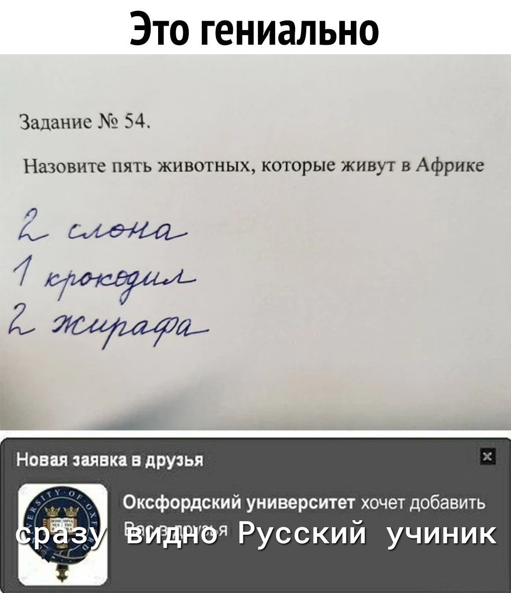 Это гениально Задание 54 Назовите пять животных которые живу в Африке Нони няни друзья Оксфордский универстет хочет добавить рЁз ВидитРусский учиник