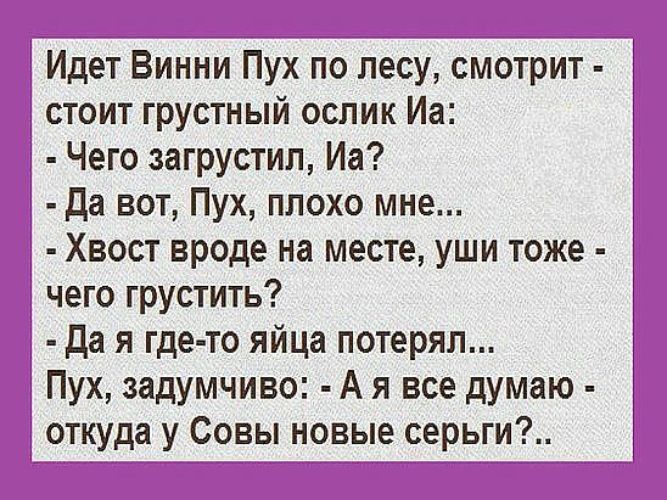 Идет Винни Пух по лесу смотрит стоит грустный ослик Иа Чего загрустип Иа Пух ппохо мне Хвост вроде на месте уши тоже чего грустить да я где то яйца потерял Пух задумчивон А я все думаю откуда у Совы новые серьги