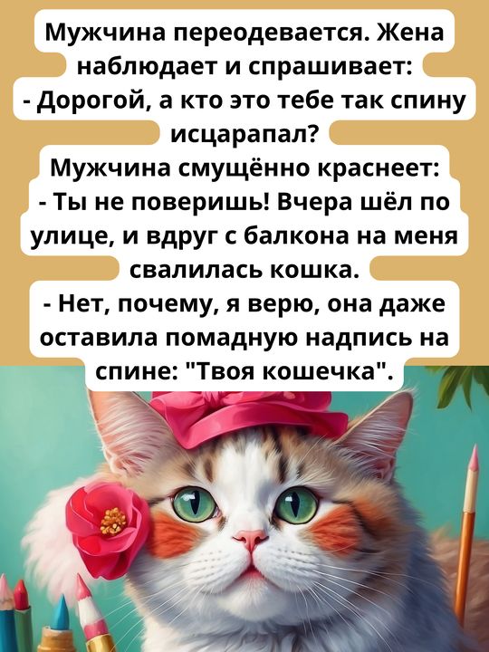 Мужчина переодевается Жена наблюдает и спрашивает Дорогой а кто это тебе так спину исцарапал Мужчина смущённо краснеет Ты не поверишь Вчера шёл по улице и вдруг с балкона на меня свалилась кошка Нет почему я верю она даже оставила помадную надпись на спине Твоя кошечка п