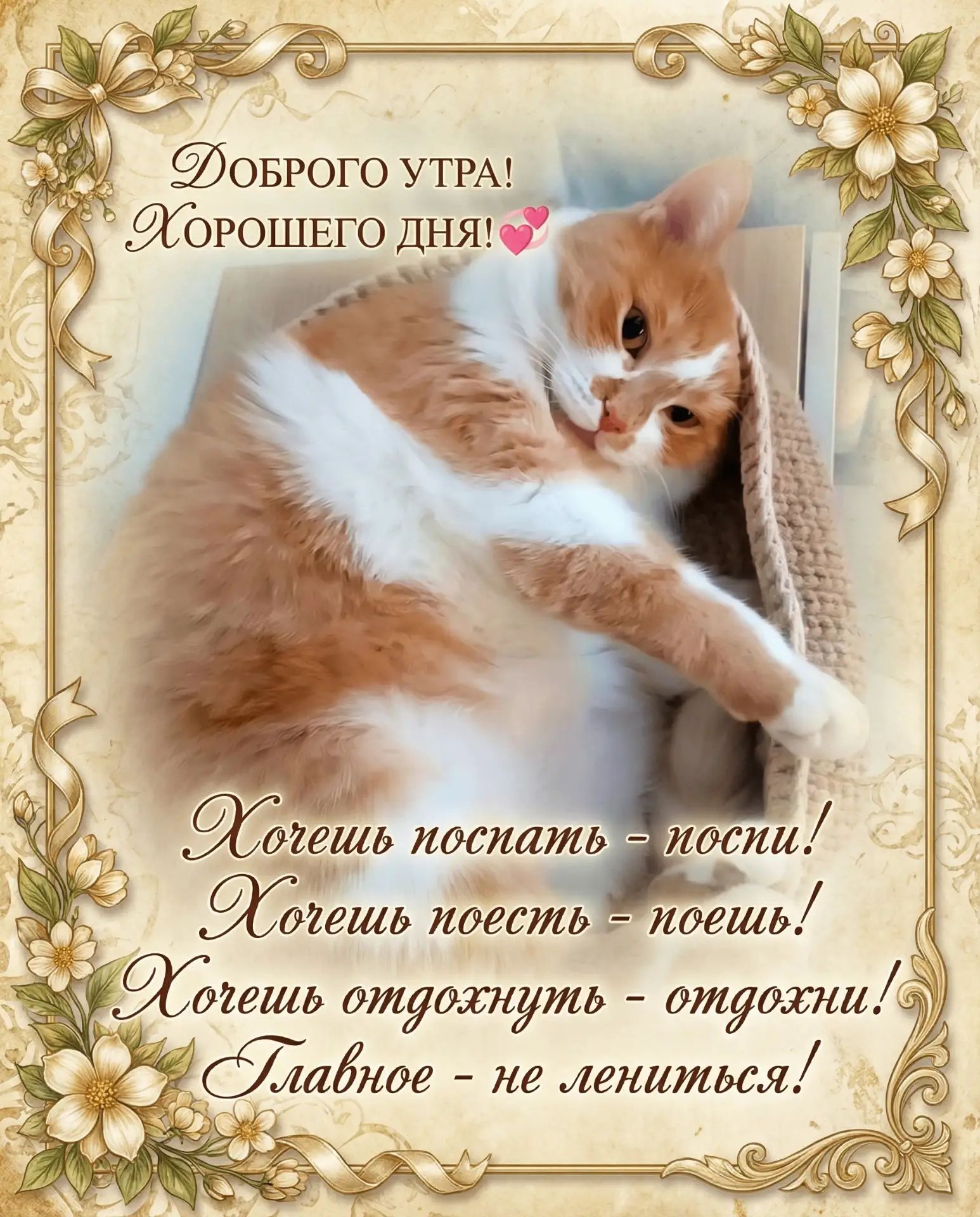 Доброго утра! Хорошего дня! Хотешь поспать - поспишь! Хочешь поесть - поешь! Хочешь отдохнуть - отдохни! Главное - не лениться!