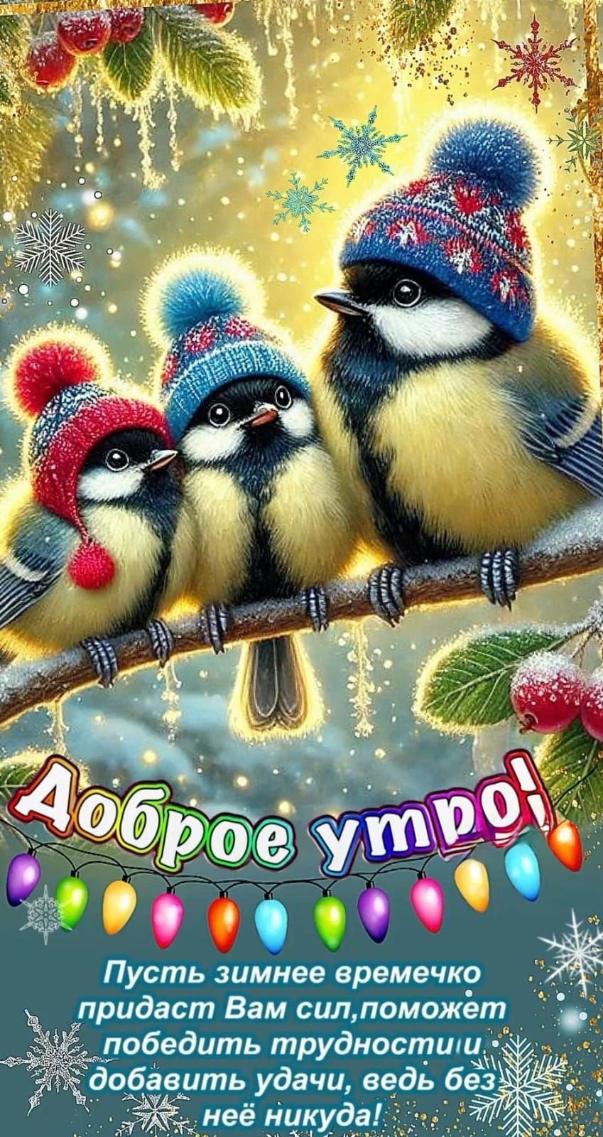 Доброе утро! Пусть зимнее времечко придст Вам сил,поможет победить трудности и добавить удачи, ведь без неё никуда!