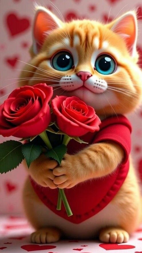 Милый котик держит букет красных роз на фоне сердец.