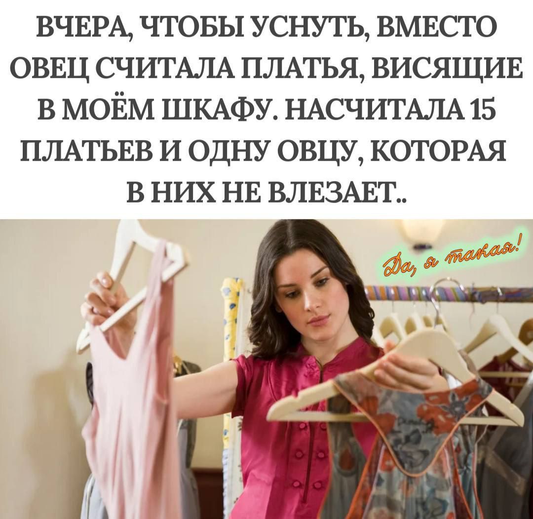ВЧЕРА, ЧТОБЫ УСЛЫШАТЬ, ВМЕСТО ОВЕЦ СЧИТАЛА ПЛАТЬЯ, ВИСЯЩИЕ В МОЁМ ШКАФУ. НАСЧИТАЛА 15 ПЛАТЬЕВ И ОДНУ ОВЦУ, КОТОРАЯ В НИХ НЕ ВЛЕЗАЕТ..