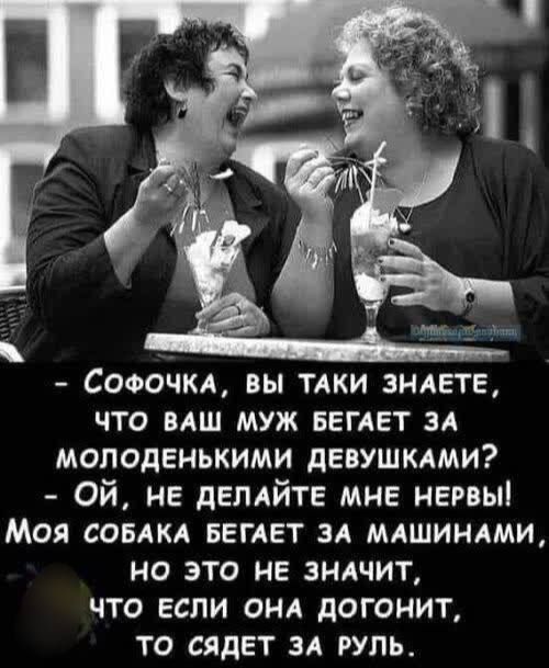 - Софочка, вы таки знаете, что ваш муж бегает за молоденькими девушками?
- Ой, не делайте мне нервы! Моя собака бегает за машинками, но это не значит, что если она догонит, то сядет за руль.