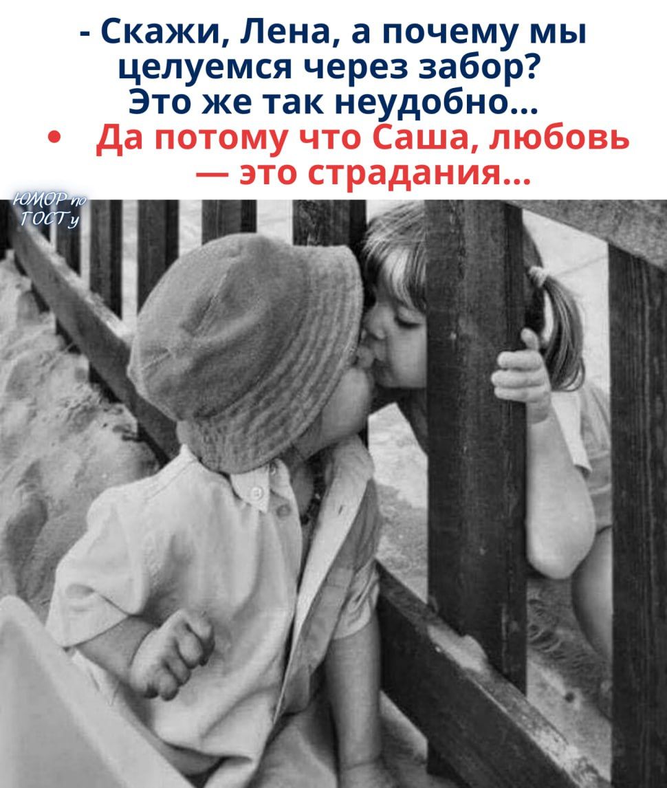 - Скажи, Лена, а почему мы целуемся через забор? Это же так неуютно... Да потому что Саша, любовь — это страдания...