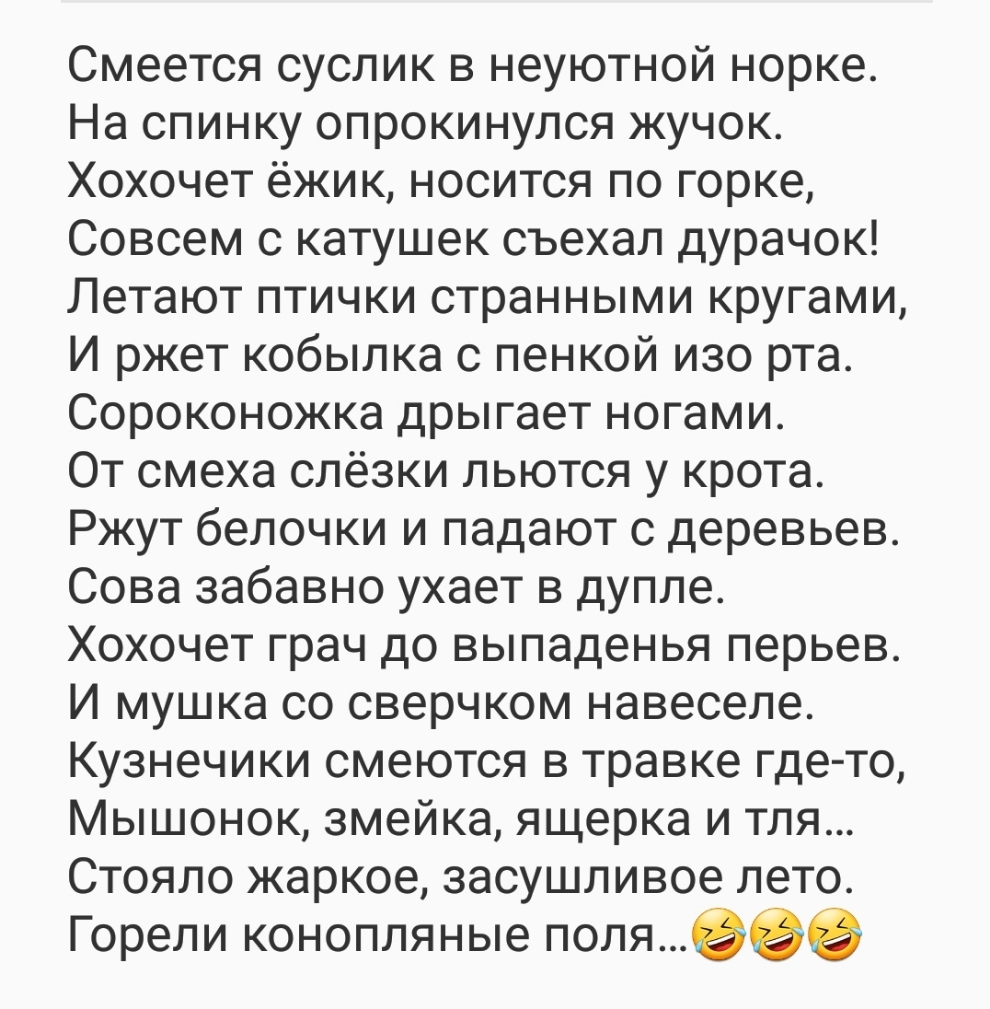 Смеется суслик в неуютной норке На спинку опрокинулся жучок Хохочет ёжик носится по горке Совсем с катушек съехал дурачок Летают птички странными кругами И ржет кобылка с пенкой изо рта Сороконожка дрыгает ногами От смеха слёзки льются у крота Ржут белочки и падают с деревьев Сова забавно ухает в дупле Хохочет грач до выпаденья перьев И мушка со сверчком навеселе Кузнечики смеются в травке где то 