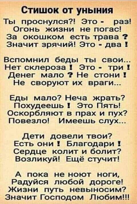 СТИШОК ОТ УНЬіНИЯ Ты проснулся Это раз Огонь жизни не погас За окошком есть трава Значит зрячий Это два Вспомнил беды ты свои Нет склероза Это три Денег мало Не стони Не своруют их враги Еды мало Неча жрать Похудеешь Это Пять Оскорбляют в прах и пух Повезло Имеешь слух Дети довели твои Есть они Благодари Сердце колит и болит Возликуй Ещё стучит А пока не ноют ноги Радуйся любой дороге Жизни путь н
