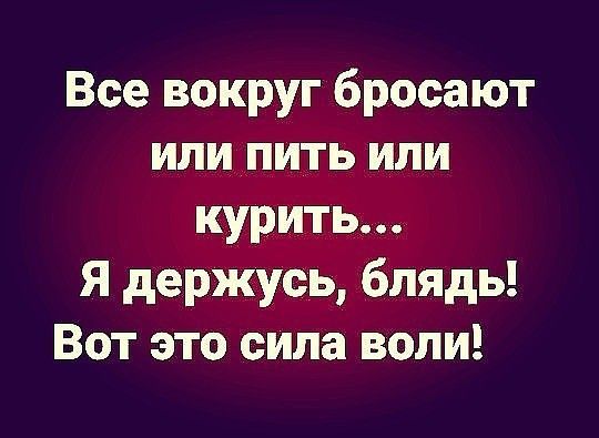 Все вокруг бросают илипить или курить Я держусь блядь Вот это сила воли