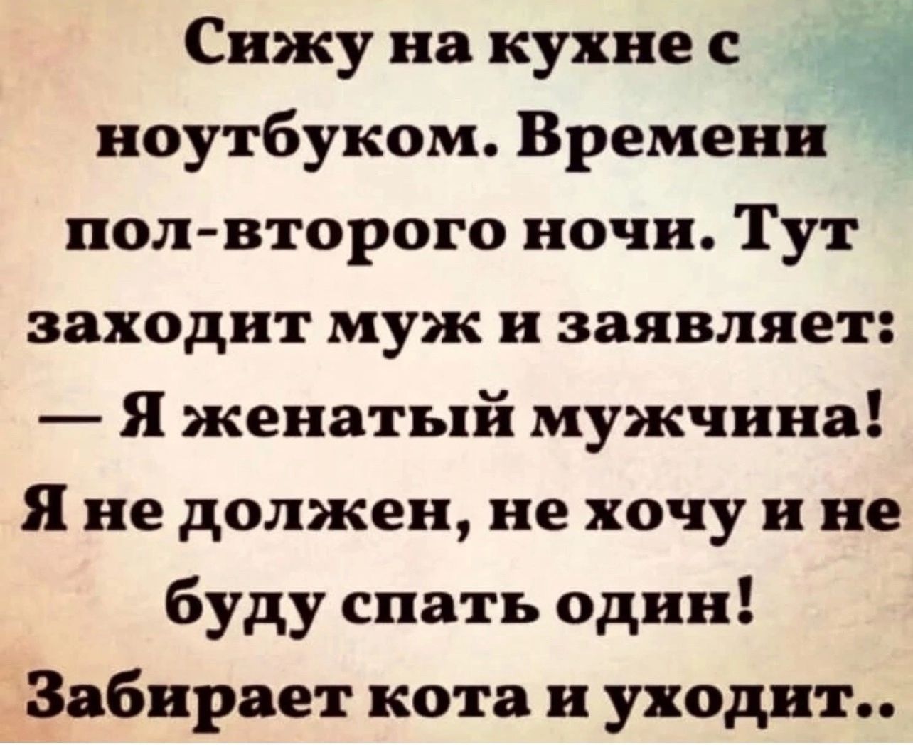 Сижу на кухне с ноутбуком Времени полвторого ночи Тут заходит муж и заявляет Я женатый мужчина Я не должен не хочу и не буду спать один Забирает кота и уходит