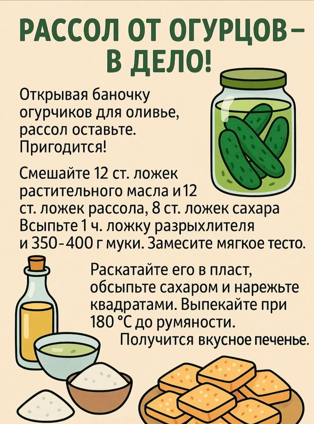 РАССОЛ ОТ ОГУРЦОВ – В ДЕЛО! Открывая баночку огурчиков для оливье, рассол оставьте. Пригодится! Смешайте 12 ст. ложек растительного масла и 12 ст. ложек рассола, 8 ст. ложек сахара. Всыпьте 1 ч. ложку разрыхлителя и 350-400 муки. Замесите мягкое тесто. Раскатайте его в пласт, обсыпьте сахаром и нарежьте квадратиками. Выпекайте при 180 °C до румяности. Получится вкусное печенье.