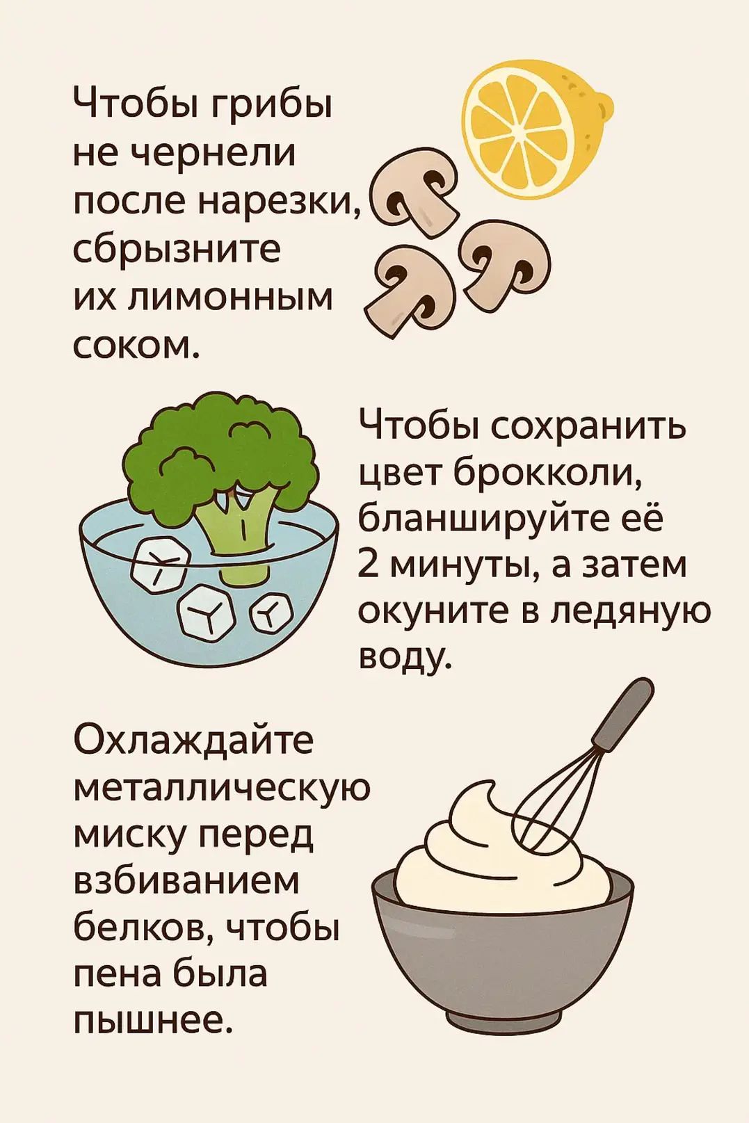 Чтобы грибы не чернели после нарезки, сбрызните их лимонным соком.

Чтобы сохранить цвет брокколи, бланшируйте её 2 минуты, а затем окуните в ледяную воду.

Охлаждайте металлическую миску перед взбиванием белков, чтобы пена была пышнее.