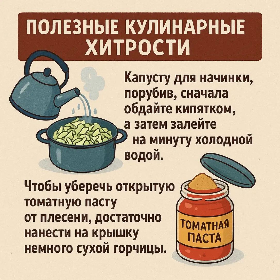 ПОЛЕЗНЫЕ КУЛИНАРНЫЕ ХИТРОСТИ
Капусту для начинки, порубив, сначала обдайте кипятком, а затем залейте на минуту холодной водой.
Чтобы уберечь открытую томатную пасту от плесени, достаточно нанести на крышку немного сухой горчицы.
