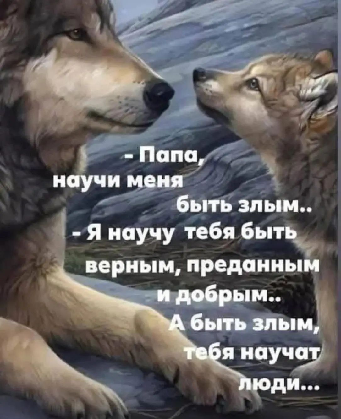 - Папа,
научи меня
быть злым..
- Я научу тебя быть
верным, преданным
и добрым..
А быть злым,
тебя научат
люди...