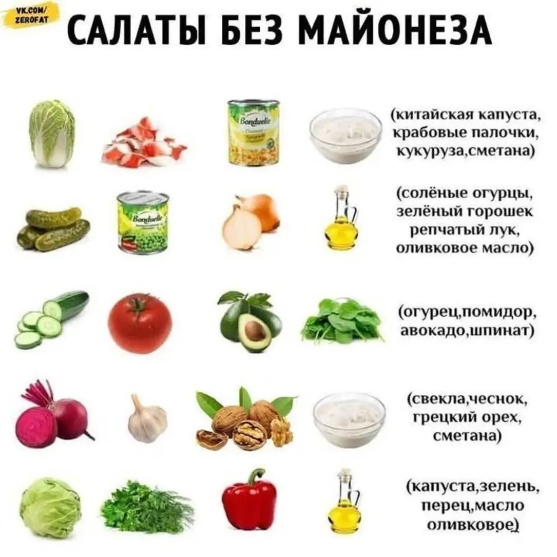 САЛАТЫ БЕЗ МАЙОНЕЗА

(китайская капуста, крабовые палочки, кукуруза, сметана)

(солёные огурцы, зелёный горошек, репчатый лук, оливковое масло)

(огурец, помидор, авокадо, шпинат)

(свекла, чеснок, грецкий орех, сметана)

(капуста, зелень, перец, масло оливковое)