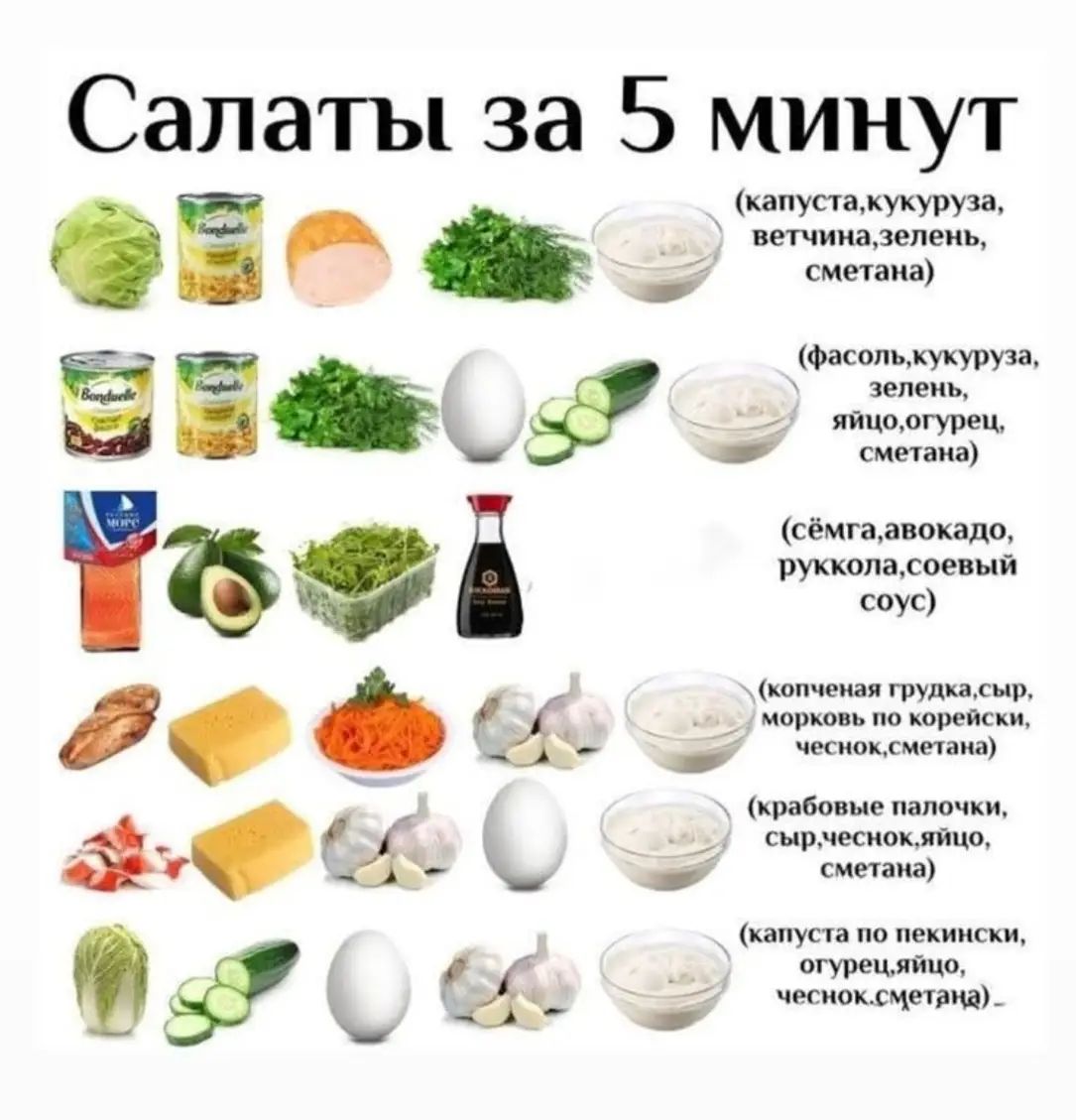 Салаты за 5 минут
- (капуста, кукуруза, ветчина, зелень, сметана)
- (фасоль, кукуруза, зелень, яйцо, огурец, сметана)
- (семга, авокадо, рукола, соевый соус)
- (копченая грудка, сыр, морковь по-корейски, чеснок, сметана)
- (крабовые палочки, сыр, чеснок, яйцо, сметана)
- (капуста по-пекински, огурец, яйцо, чеснок, сметана)
