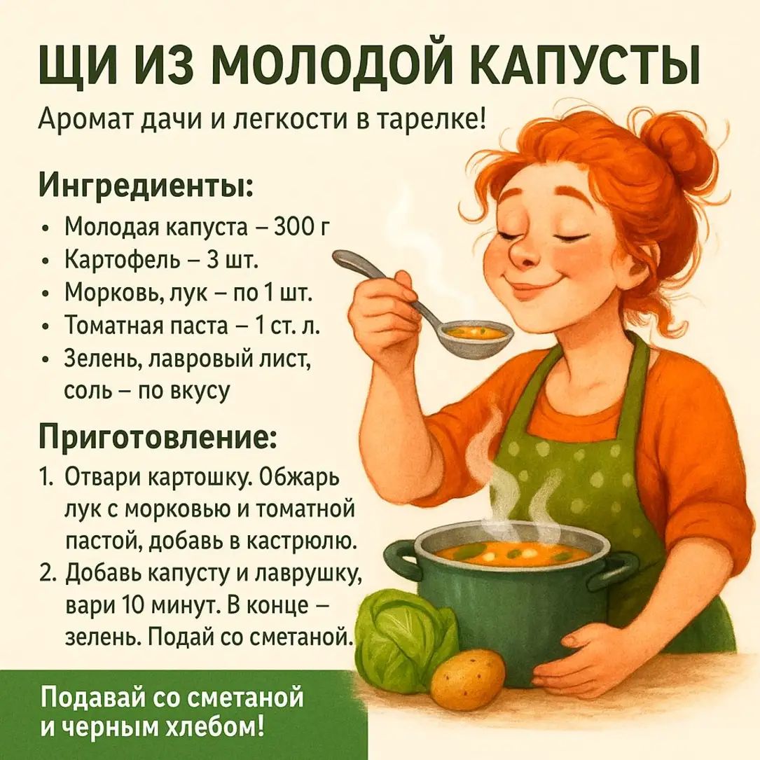 Щи из молодой капусты
Аромат дачи и легкости в тарелке!

Ингредиенты:
- Молодая капуста - 300 г
- Картофель - 3 шт.
- Морковь, лук - по 1 шт.
- Томатная паста - 1 ст. л.
- Зелень, лавровый лист, соль - по вкусу

Приготовление:
1. Отвари картошку. Обжарь лук с морковью и томатной пастой, добавь в кастрюлю.
2. Добавь капусту и лаврушку, вари 10 минут. В конце - зелень. Падай со сметаной!

Подавать со сметаной и черным хлебом!