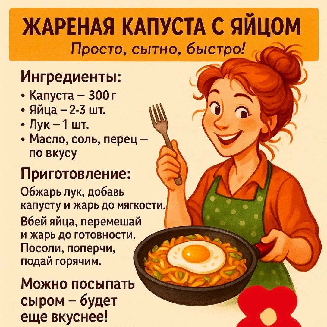 ЖАРЕНАЯ КАПУСТА С ЯЙЦОМ
Просто, ситно, быстро!

Ингредиенты:
- Капуста – 300 г
- Яйца – 2-3 шт.
- Лук – 1 шт.
- Масло, соль, перец – по вкусу

Приготовление:
Обжарь лук, добавь капусту и жарь до мягкости.
Бей яйца, перемешай и жарь до готовности.
Посоли, поперчи, подай горячим.

Можно посыпать сыром – будет еще вкуснее!