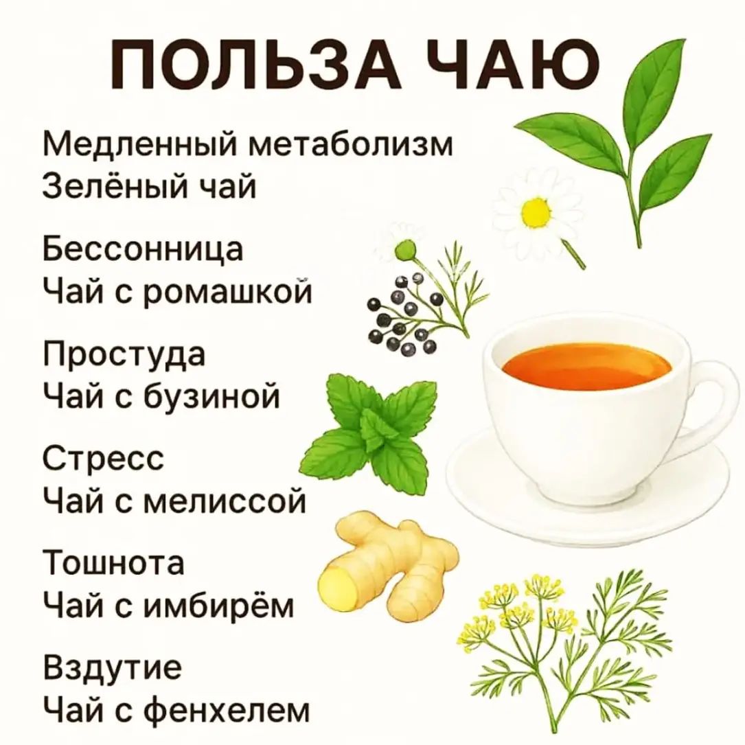 ПОЛЬЗА ЧАЮ

Медленный метаболизм
Зелёный чай

Бессонница
Чай с ромашкой

Простуда
Чай с бузиной

Стресс
Чай с мелиссой

Тошнота
Чай с имбирём

Вздутие
Чай с Фенхелем
