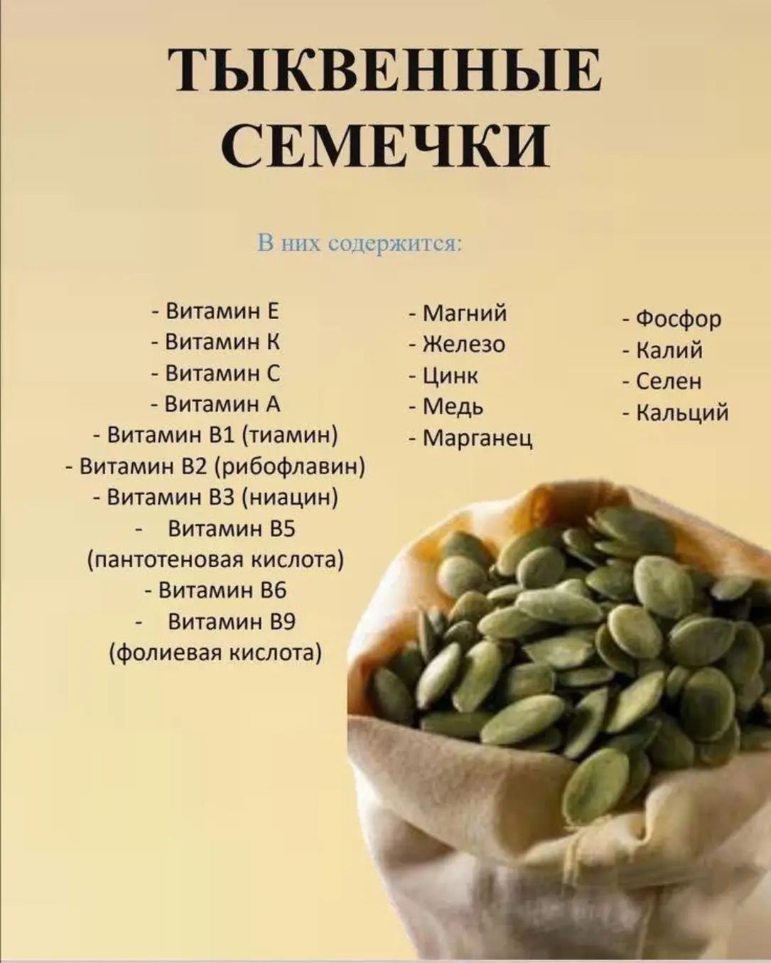 ТЫКВЕННЫЕ СЕМЕЧКИ
В них содержится:
- Витамин E
- Витамин K
- Витамин C
- Витамин A
- Витамин B1 (тиамин)
- Витамин B2 (рибофлавин)
- Витамин B3 (ниацин)
- Витамин B5 (пантотеновая кислота)
- Витамин B6
- Витамин B9 (фолиевая кислота)
- Магний
- Железо
- Цинк
- Медь
- Марганец
- Фосфор
- Калий
- Селен
- Кальций