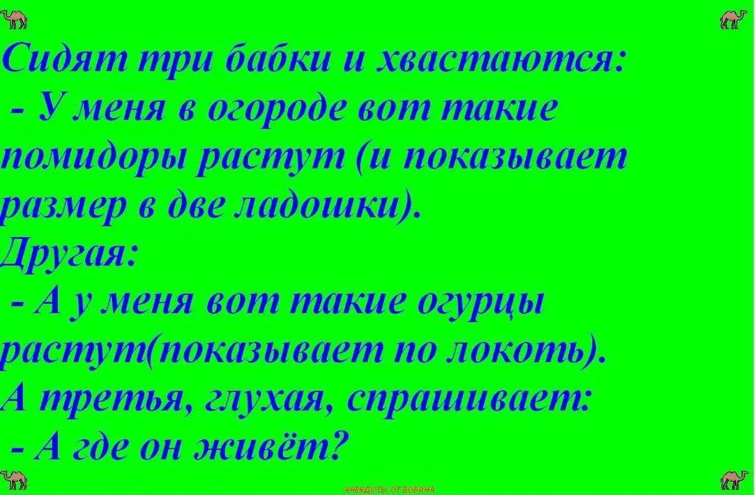 Сидят три бабки и хвастаются:  - У меня в огороде вот такие помидоры растут (и показывает размер в две ладошки).  Другая:  - А у меня вот такие огурцы растут(показывает по локоть).  А третья, глухая, спрашивает:  - А где он живёт?