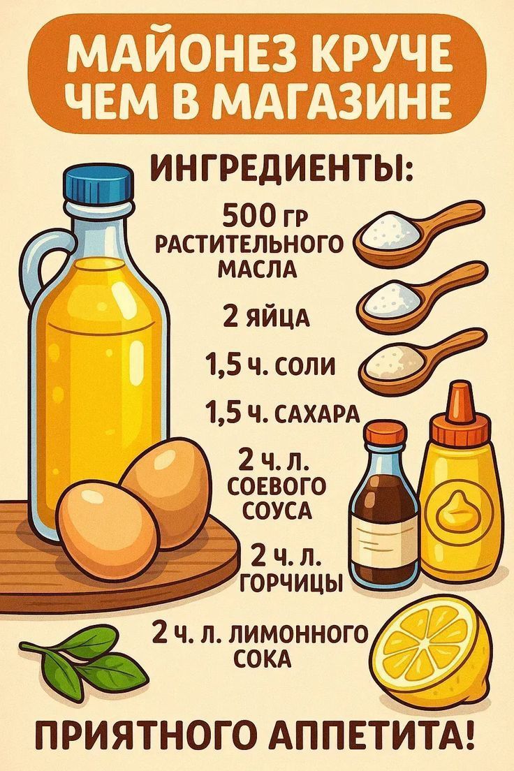 МАЙОНЕЗ КРУЧЕ ЧЕМ В МАГАЗИНЕ

ИНГРЕДИЕНТЫ:
500 гр растительного масла
2 яйца
1,5 ч. соли
1,5 ч. сахара
2 ч. л. соевого соуса
2 ч. л. горчицы
2 ч. л. лимонного сока

ПРИЯТНОГО АППЕТИТА!